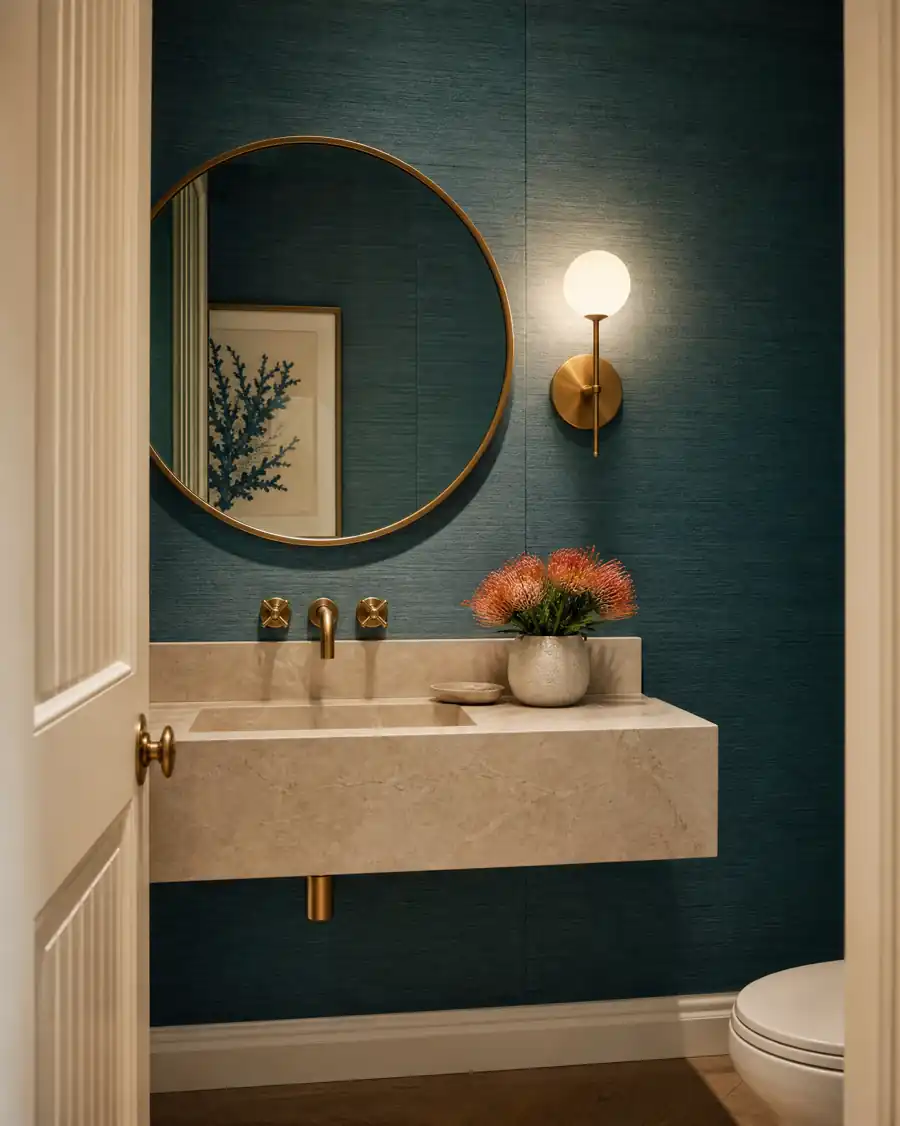 Teal grasscloth wallpaper installed in a refined powder room