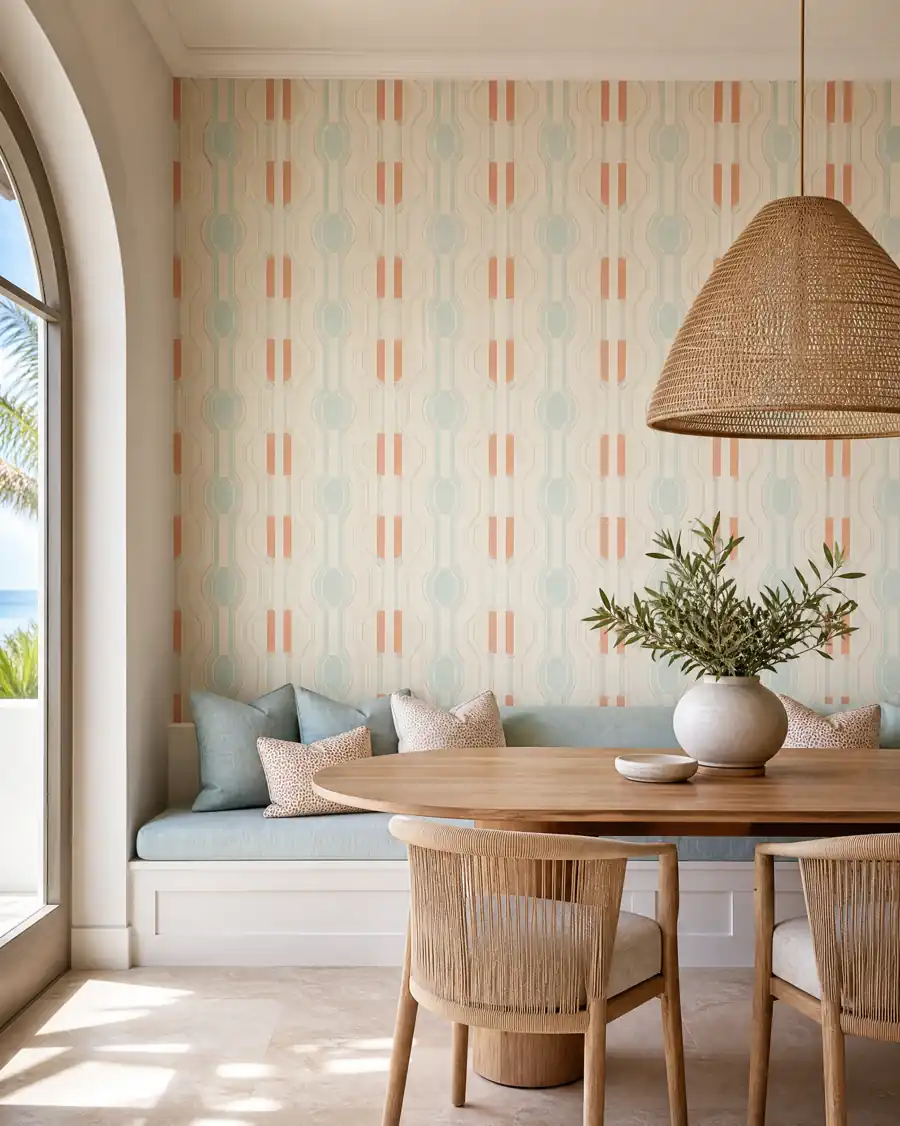 Coastal geometric wallpaper installed in a bright dining nook