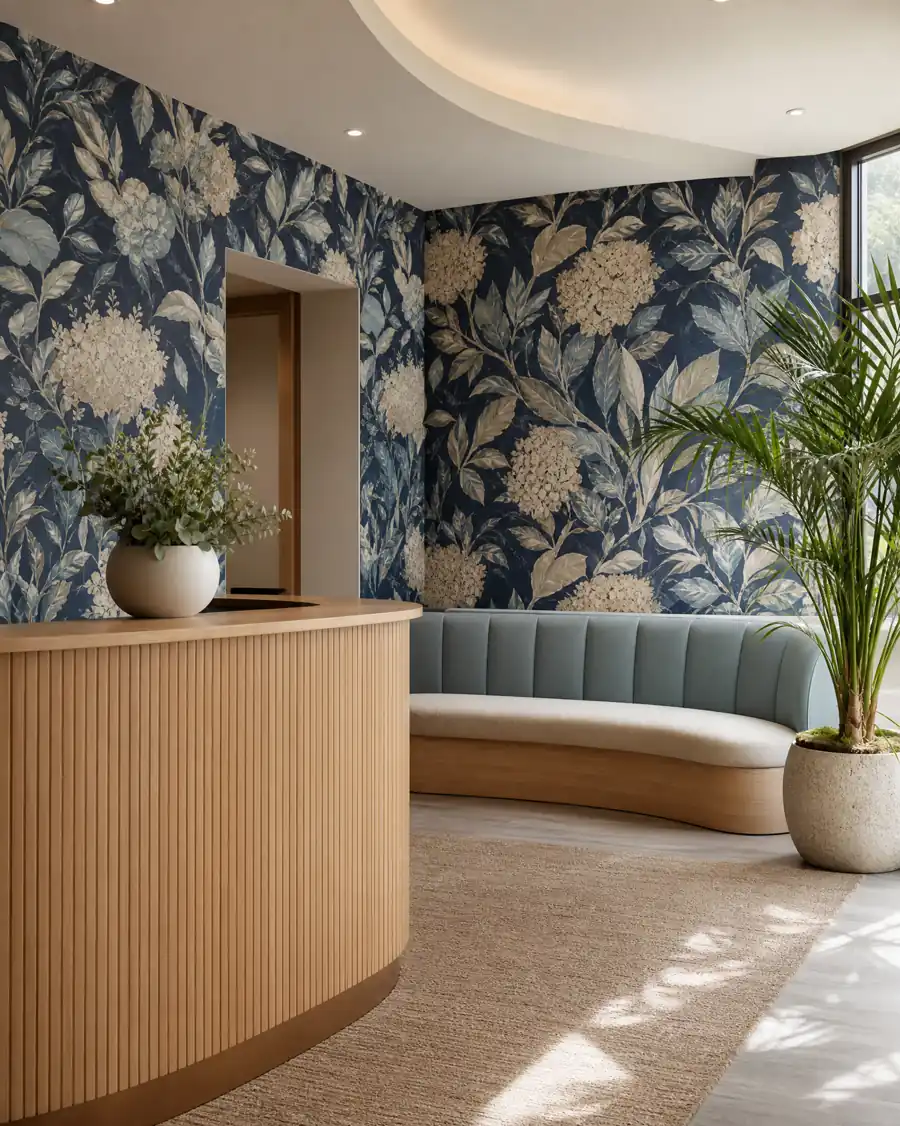 Floral wallpaper installed in an elegant boutique reception area